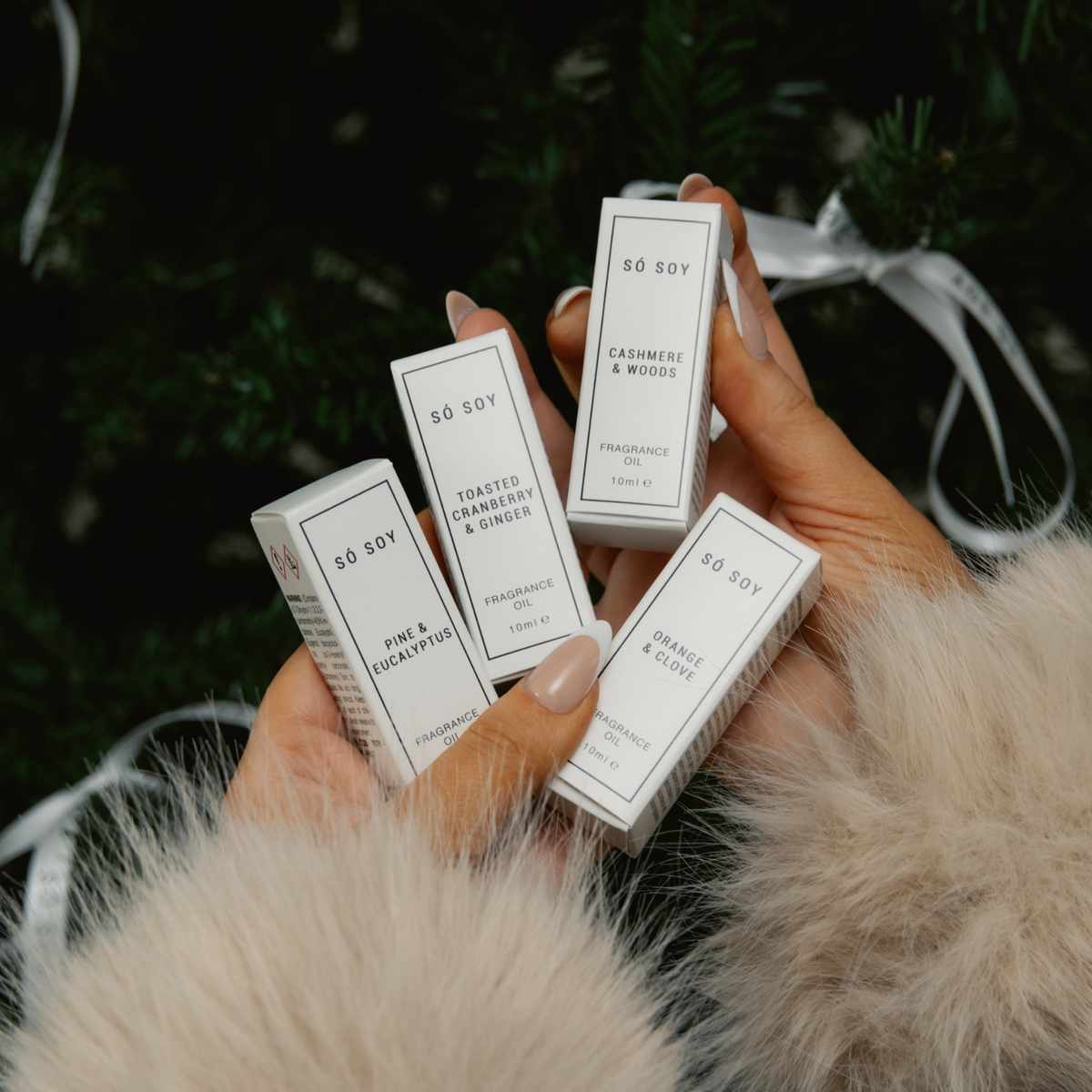Four small white fragrance oil boxes held in two hands against a dark pine background with a white ribbon. The boxes are labeled 50 SOY and show scents: Cashmere & Wood, Toasted Cranberry & Ginger, Pine & Eucalyptus, and Orange & Clove.