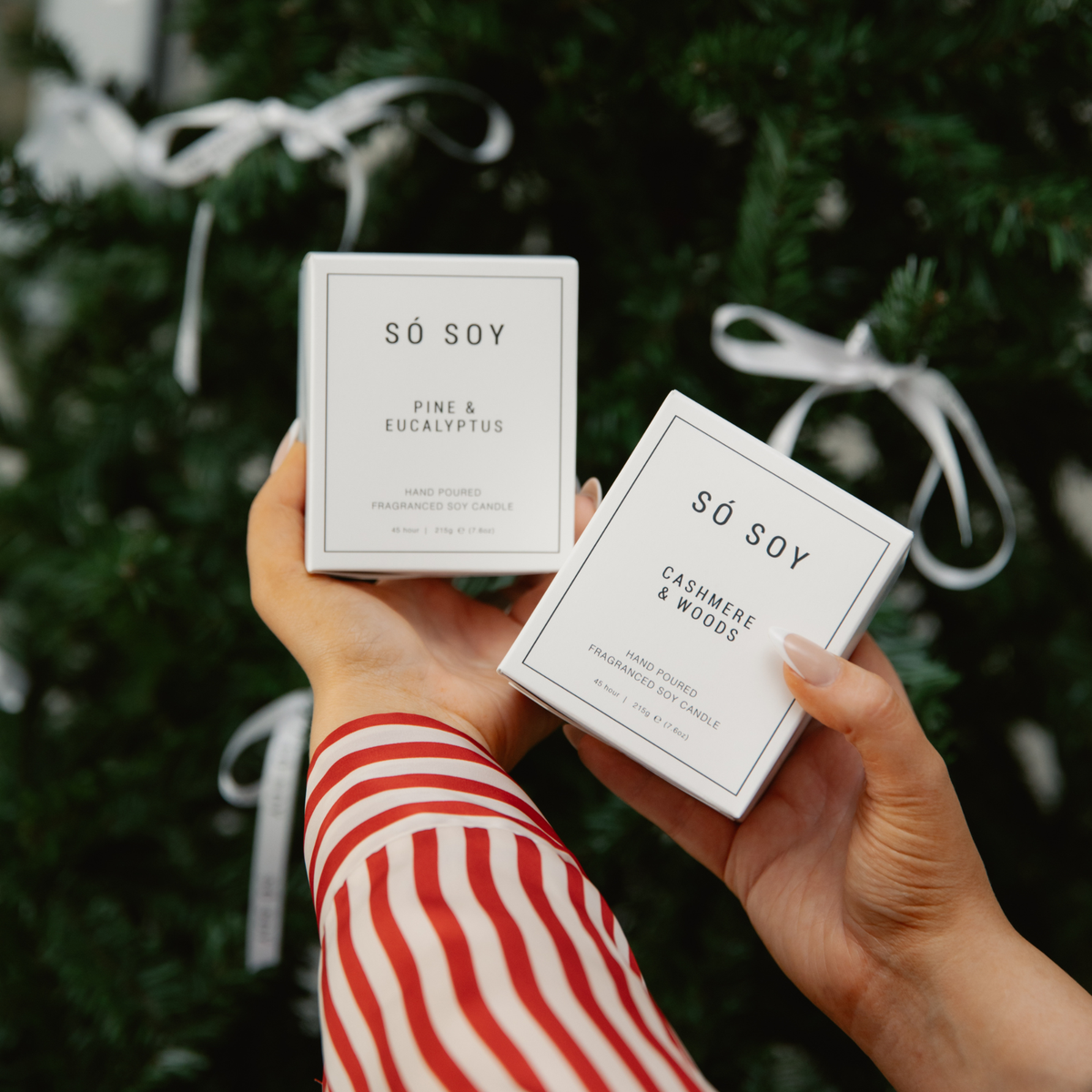 Two hands hold two white candle boxes in front of a decorated Christmas tree. One box is labeled 'SÓ SOY Pine & Eucalyptus' and the other 'SÓ SOY Cashmere & Woods'.